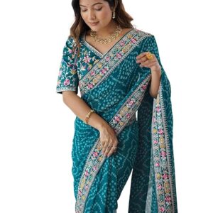 Satrani Women's Georgette Bandhani Printed Sequin Embroidery Saree with Unstitched Blouse Piece