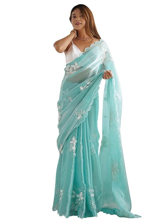 Flosive Women's Shimmer Organza Sequence Embroidery Saree With Unstitched Blouse Piece