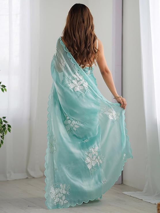 Flosive Women's Shimmer Organza Sequence Embroidery Saree With Unstitched Blouse Piece - Image 6