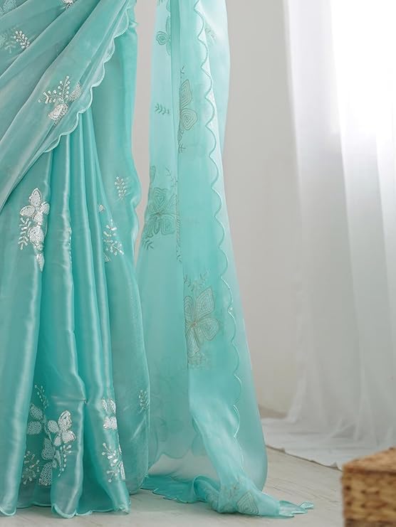 Flosive Women's Shimmer Organza Sequence Embroidery Saree With Unstitched Blouse Piece - Image 2